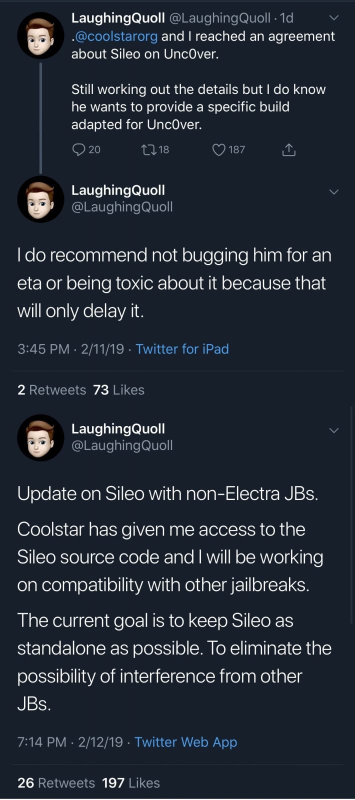 LaughingQuoll đang làm việc để Sileo hoạt động được với các bản jailbreak khác Electra